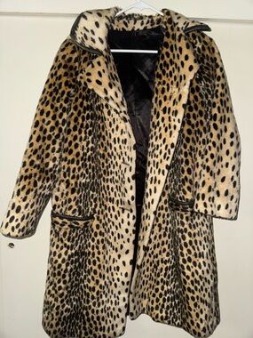 Women's Leopard Print Faux Fur Pea Coat - Tan/Black